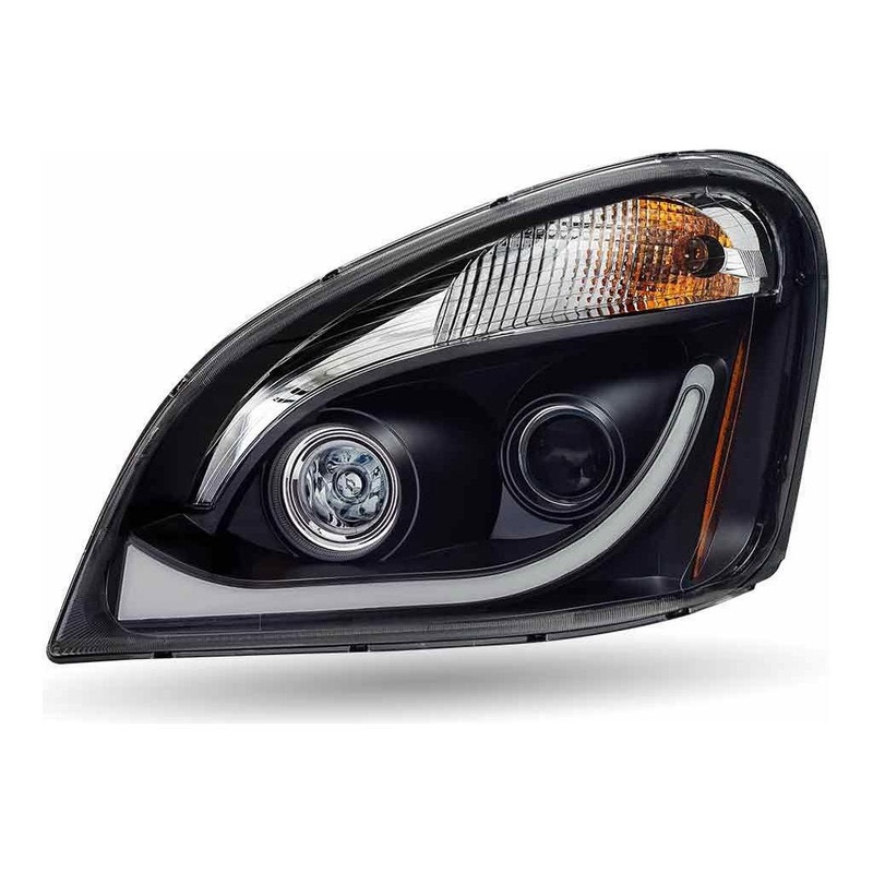 TLED-H68 Freightliner Cascadia LED Projector Headlight Assembly with LED Glow Position, Turn & Marker Accent  Black (Driver Side)