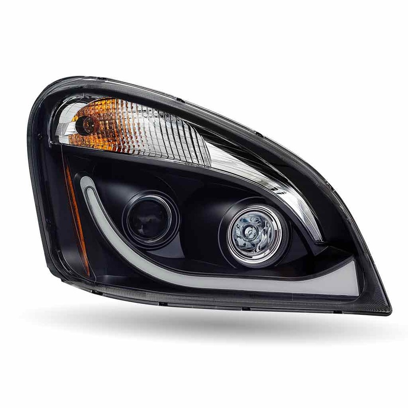 TLED-H69 Freightliner Cascadia LED Projector Headlight Assembly with LED Glow Position, Turn & Marker Accent  Black (Passenger Side)