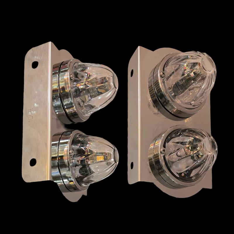 SS-1049  PAIR FRONT PETERBILT 579 (2013-2020) RADIUS STYLE MIRROR BRACKET W2 WM LIGHT HOLES CUT, SANDED AND BENT FROM 16GA SS 304