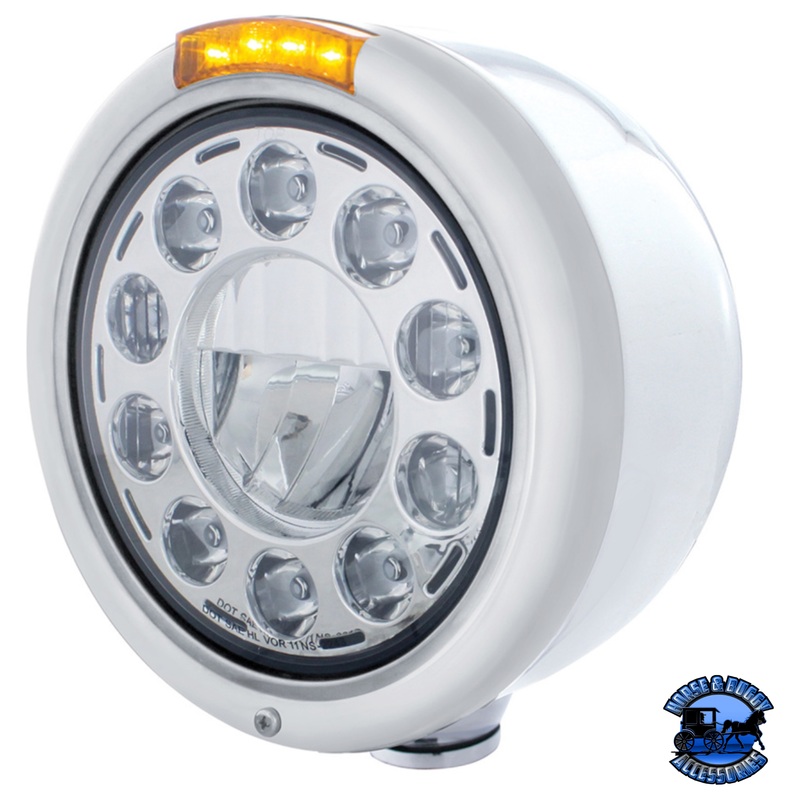 STAINLESS CLASSIC HALF MOON HEADLIGHT 11 LED BULB & DUAL MODE LED TURN SIGNAL (Choose Mode) (Choose Color)