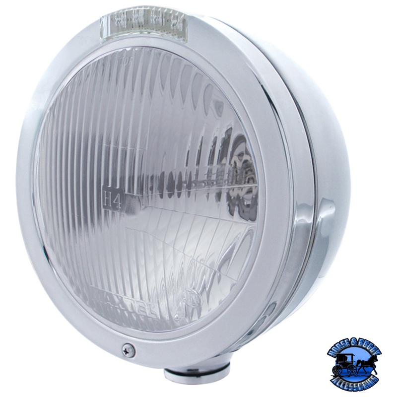 STAINLESS STEEL BULLET CLASSIC HEADLIGHT H4 BULB & LED TURN SIGNAL (Choose Color)