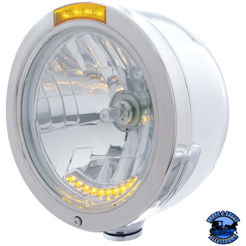 STAINLESS STEEL BULLET HALF MOON HEADLIGHT H4 WITH 10 AMBER LED & LED TURN SIGNAL (Choose Mode) (Choose Color)