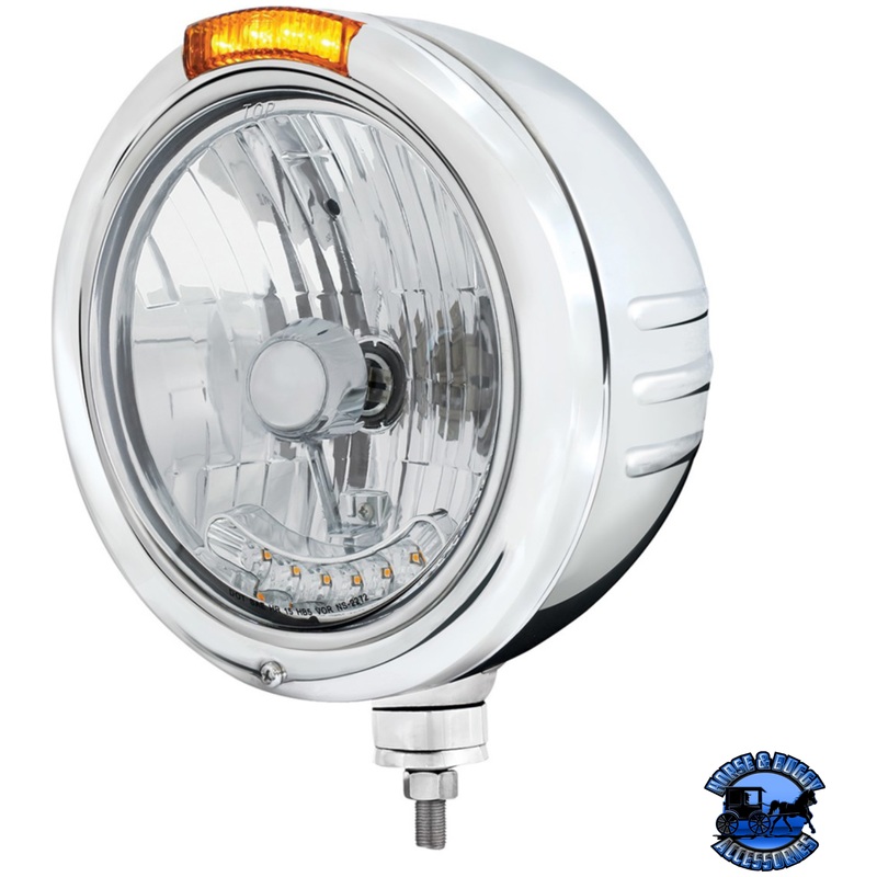 STAINLESS STEEL CLASSIC EMBOSSED STRIPE HEADLIGHT H4 WITH 6 AMBER LED & DUAL MODE LED SIGNAL (Choose Color)