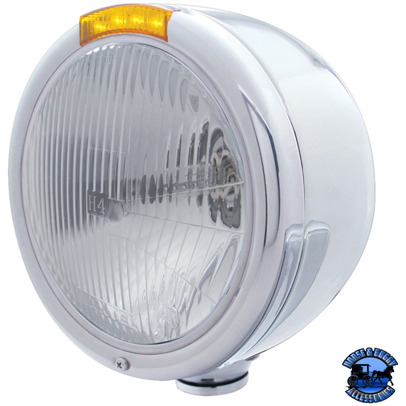 STAINLESS STEEL CLASSIC HALF MOON HEADLIGHT H4 BULB & LED TURN SIGNAL (Choose Color)