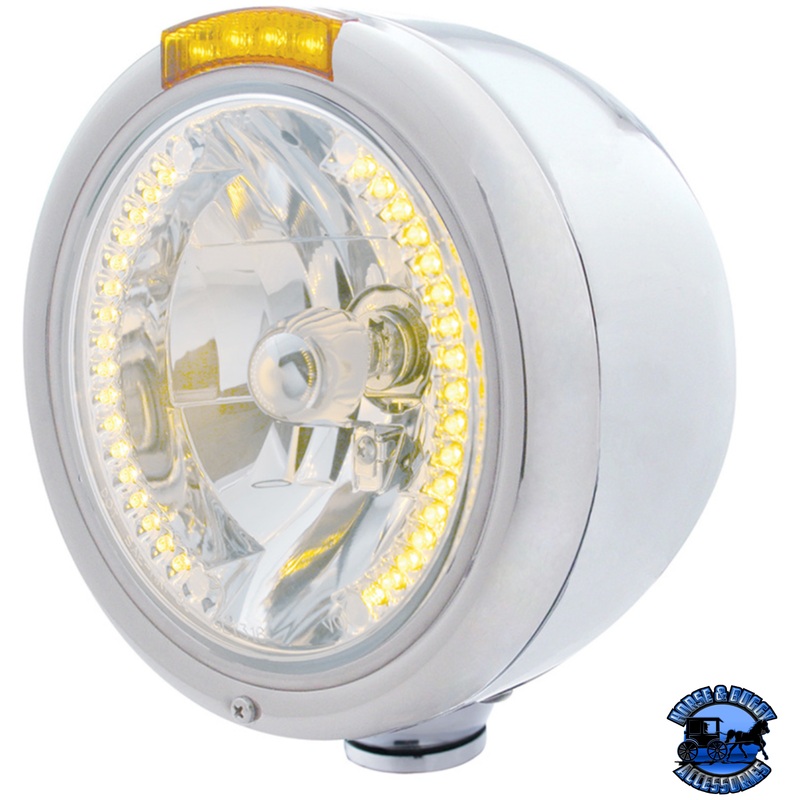 STAINLESS STEEL CLASSIC HALF MOON HEADLIGHT H4 WITH AMBER LED & SIGNAL (Choose Mode) (Choose Color)
