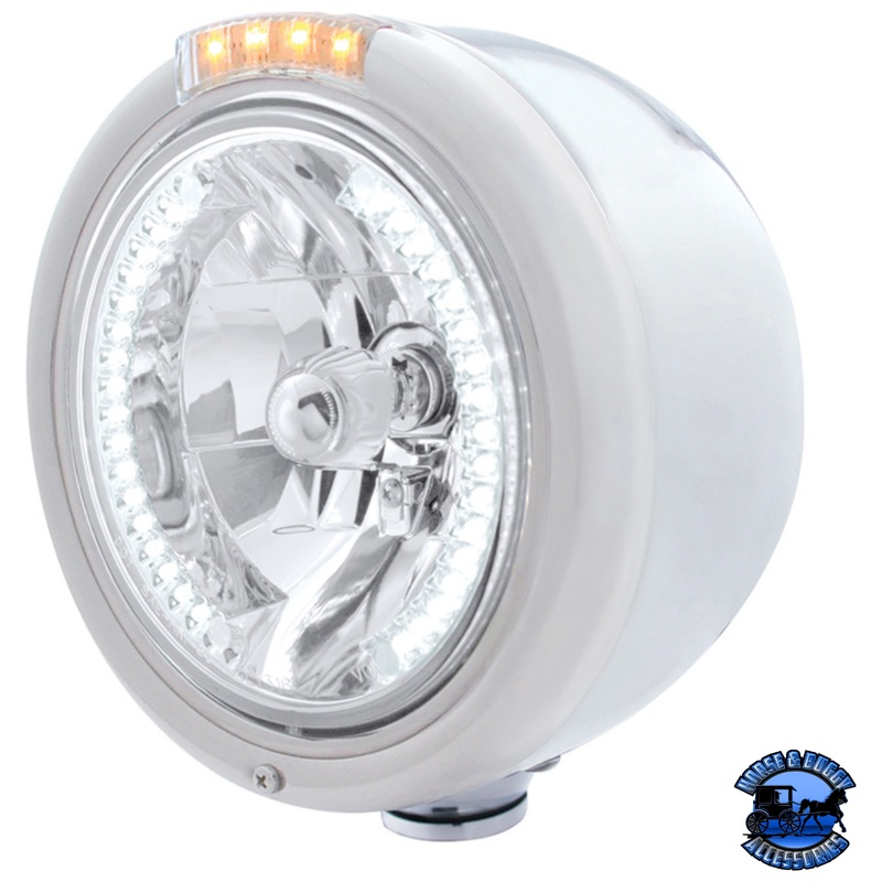 STAINLESS STEEL CLASSIC HALF MOON HEADLIGHT H4 WITH WHITE LED & SIGNAL (Choose Mode) (Choose Color)