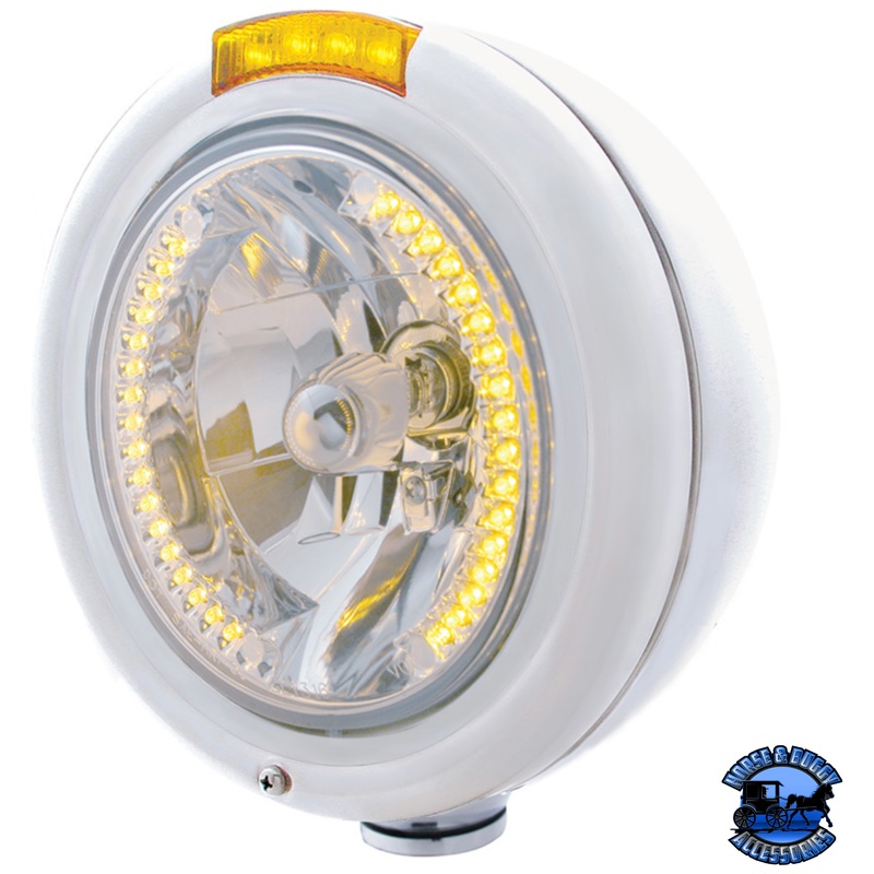 STAINLESS STEEL CLASSIC HEADLIGHT H4 WITH 34 AMBER LED & DUAL MODE LED SIGNAL (Choose Color)