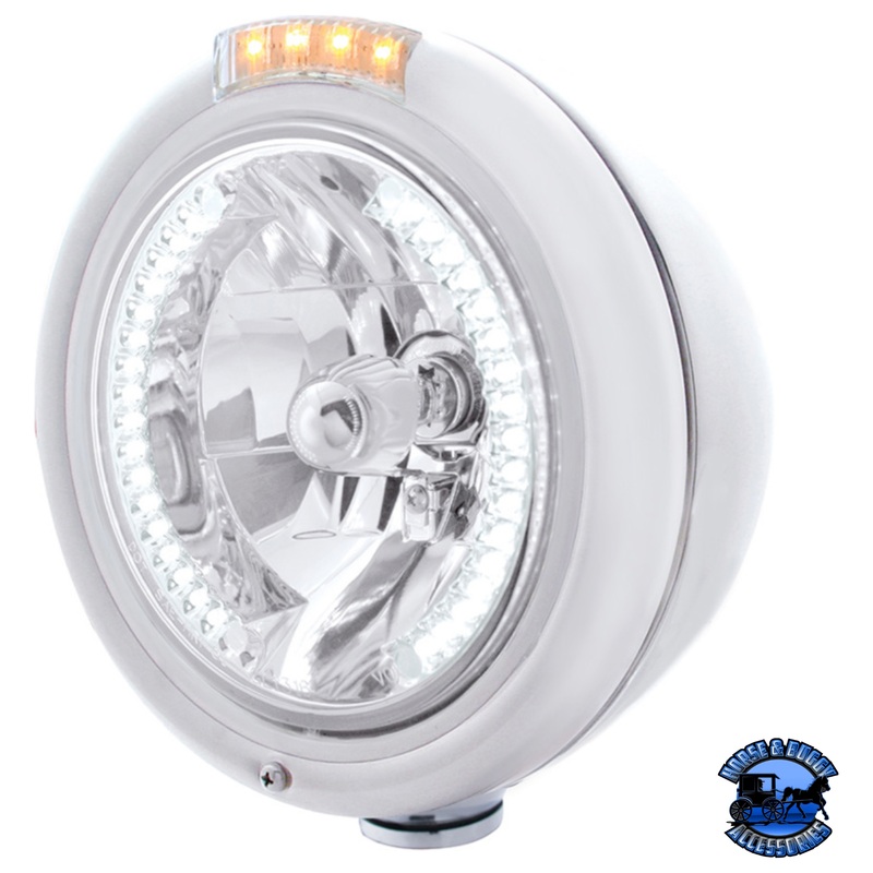 STAINLESS STEEL CLASSIC HEADLIGHT H4 WITH 34 WHITE LED & DUAL MODE LED SIGNAL (Choose Color)