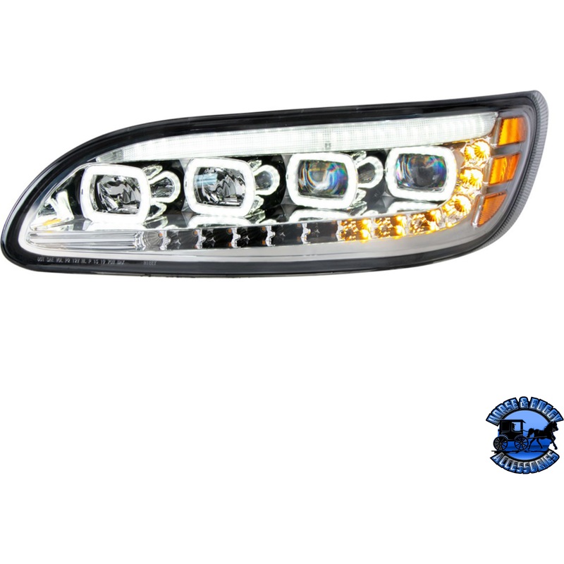 QUAD-LED HEADLIGHT WITH LED DRL & SEQ. SIGNAL FOR 2005-2015 PETERBILT 386 (Choose Color) (Choose Side)