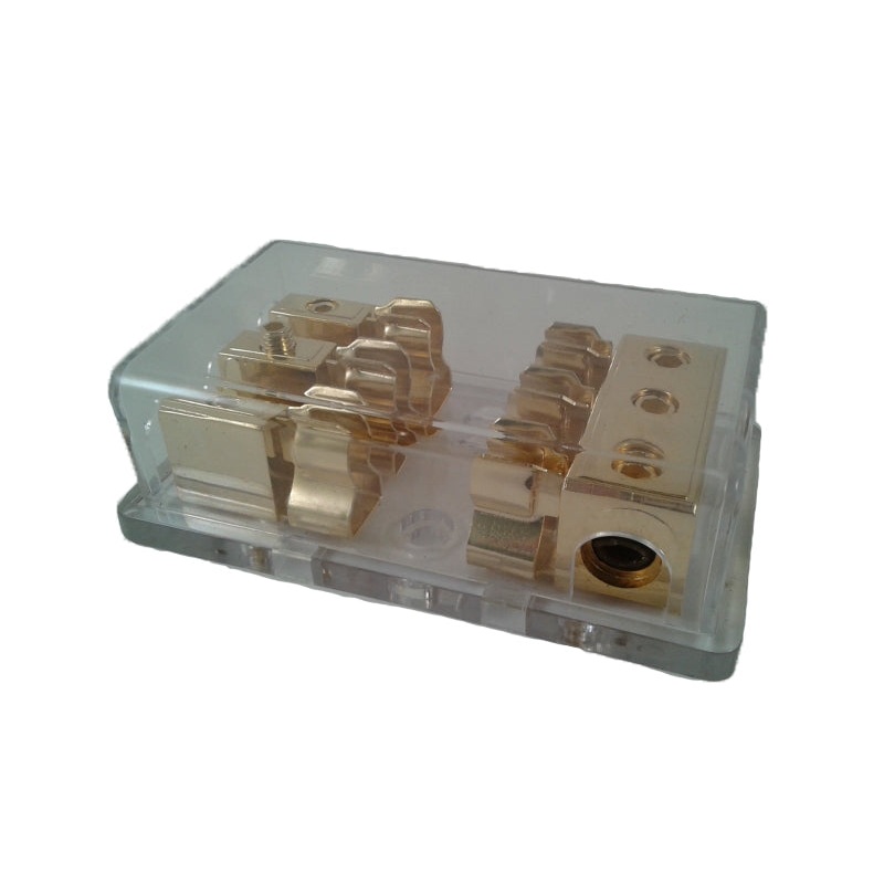 Gold Plated AGU Glass Fuse Block – 3 Position (3) 1/0 AWG in (3) 8 AWG out