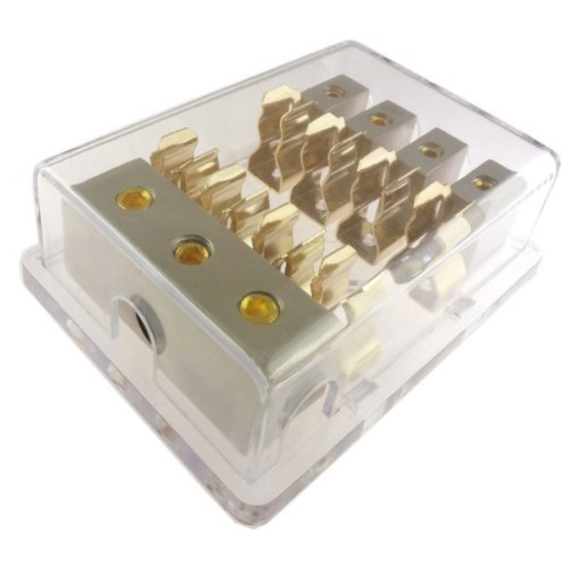 4-Way AGU Fuse Holder Distribution Block 24k Gold (3) 4 AWG in (4) 8 AWG Out