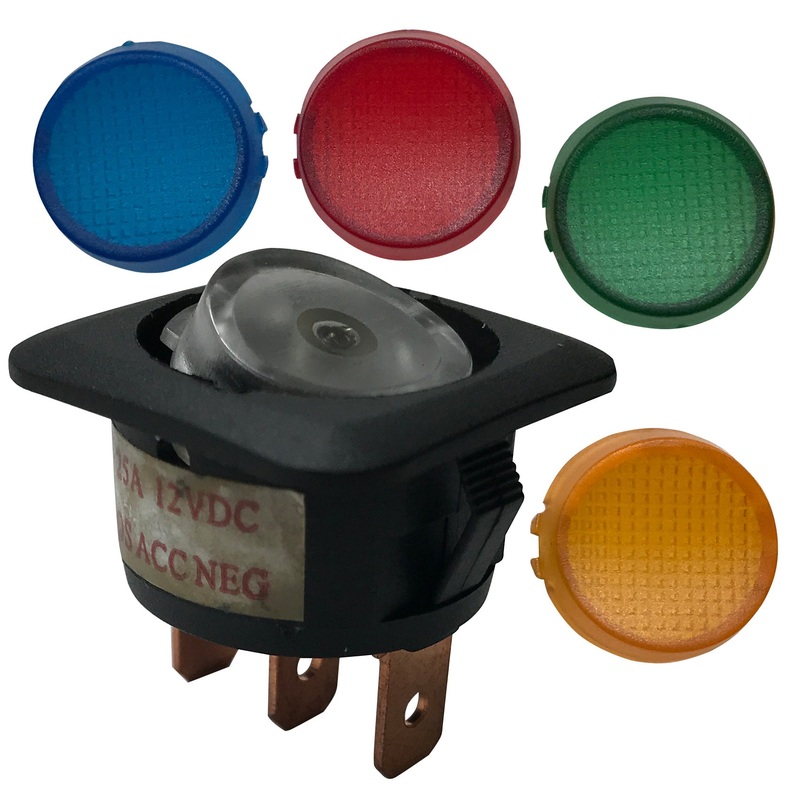 Illuminating Rocker Switch ON / OFF SPST 20A @12V W/ Replaceable Lens – Green Amber Blue Red – 1 or 5 Pack