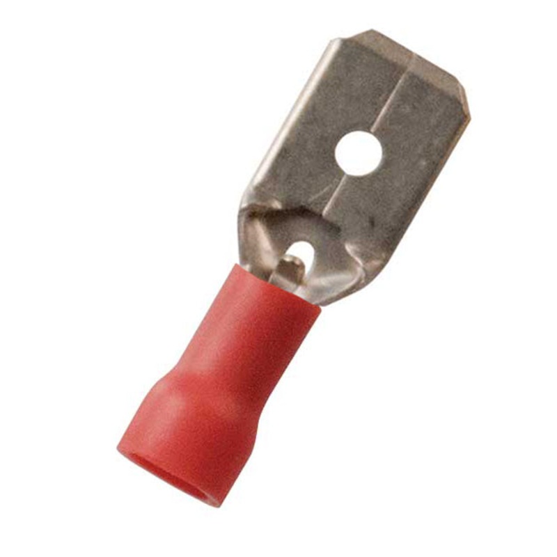 Vinyl Insulated Red Male Quick Disconnect Connector 22-18 Gauge .250 Tab – 100 Pack