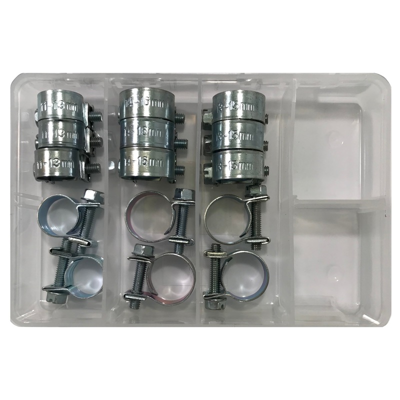15 Piece Steel Solid Band Fuel Injection Hose Clamp Assortment Kit