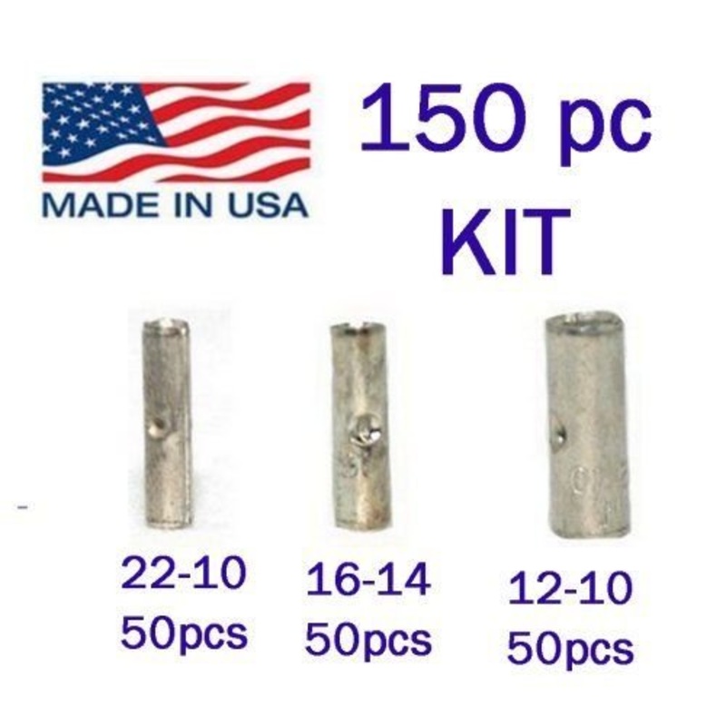 Non-Insulated Butt Connector Assortment Kit – 22-10 Gauge – 150 Pieces – Made in USA