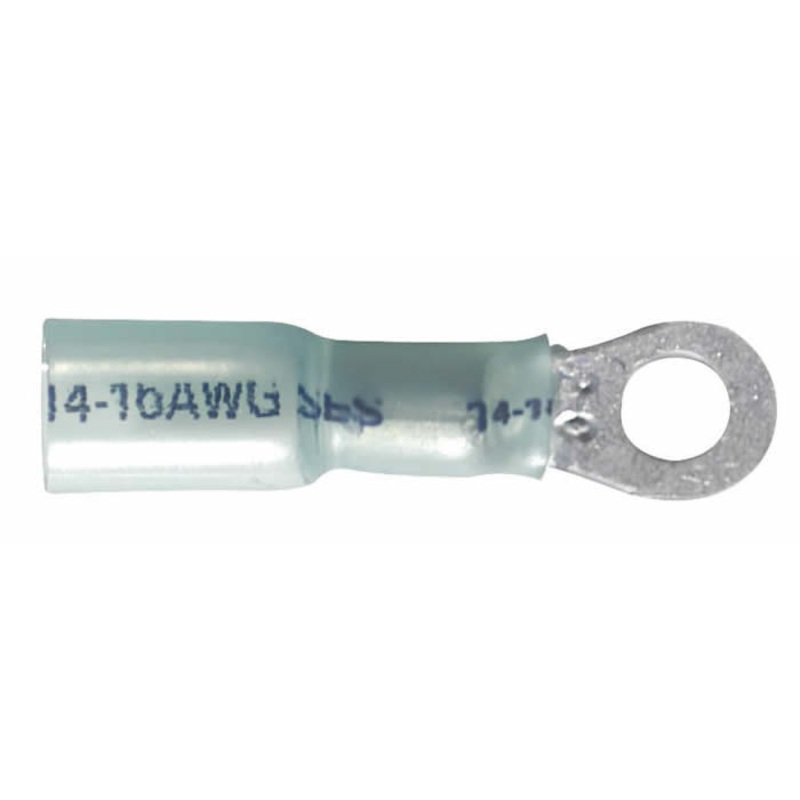 16-14 AWG Blue Heat Shrink & Crimp Ring Terminal – #8 Stud – 10 to 500 Pack