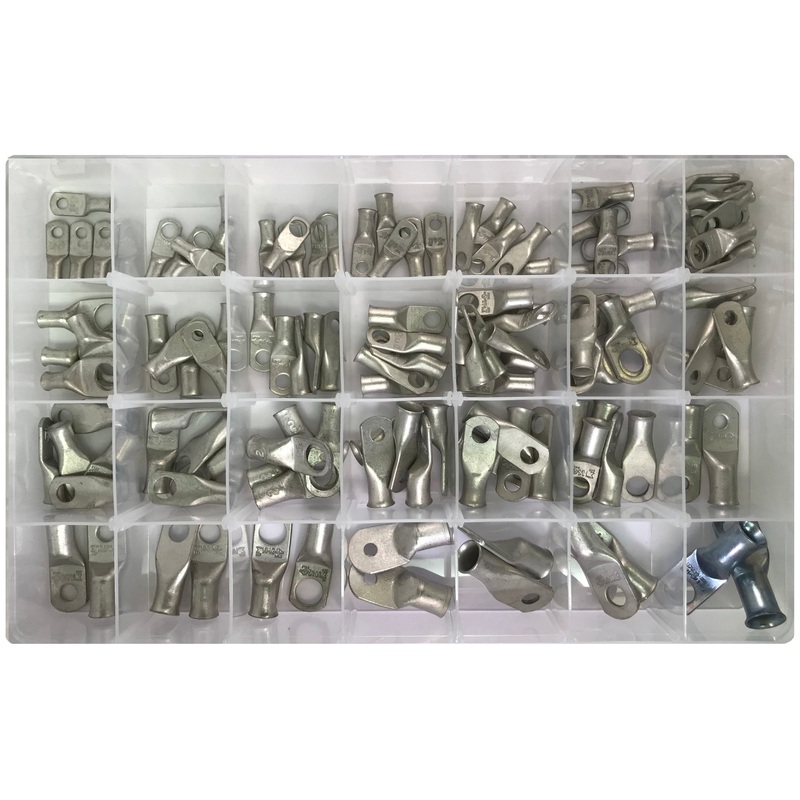 126 Piece Tinned Copper Battery Cable Lugs – Assortment Kit for 8 to 2/0 AWG Cables – Made in the USA