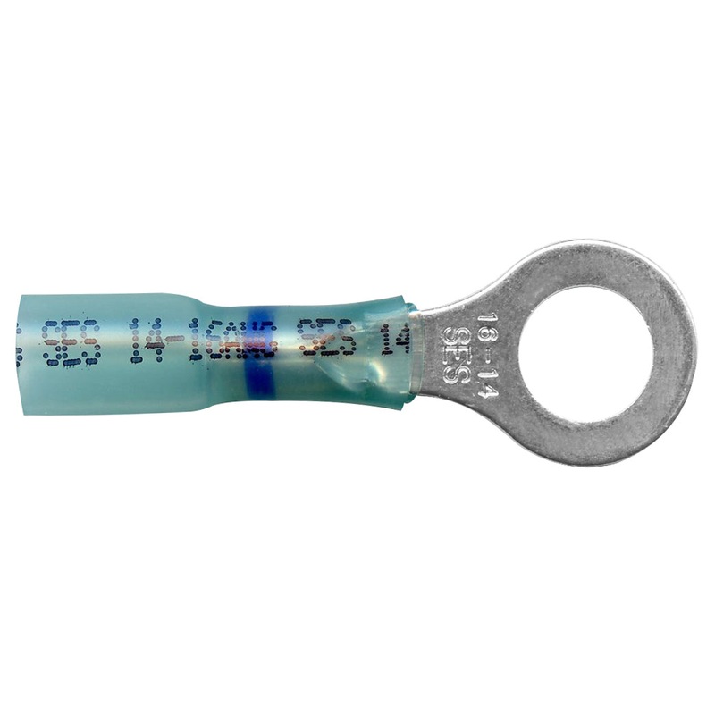 Heat Shrink & Crimp Blue Long Neck Ring Terminal 16-14 Gauge 1/4 Stud – 10 or 100 Pack