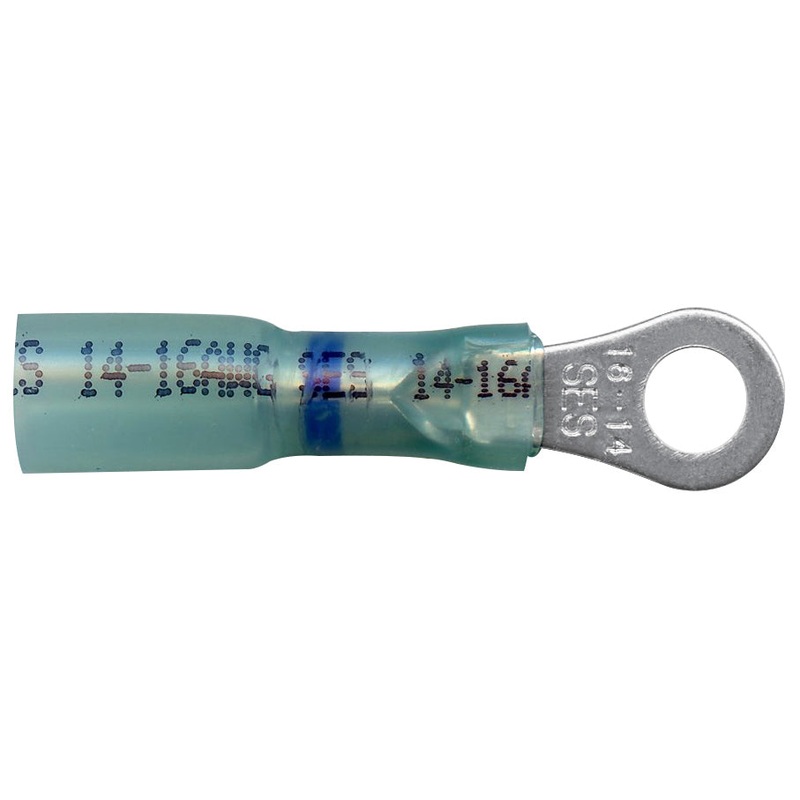 Heat Shrink & Crimp Blue Long Neck Ring Terminal 16-14 Gauge #10 Stud – 10 or 100 Pack