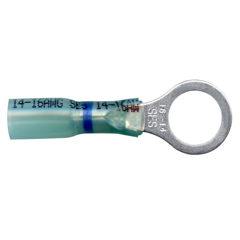 Heat Shrink & Crimp Blue Long Neck Ring Terminal 16-14 Gauge 3/8 Stud – 10 or 100 Pack
