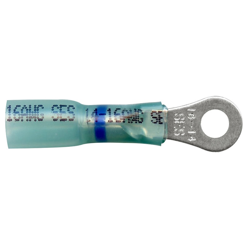 Heat Shrink & Crimp Blue Long Neck Ring Terminal 16-14 Gauge #8 Stud – 10 or 100 Pack