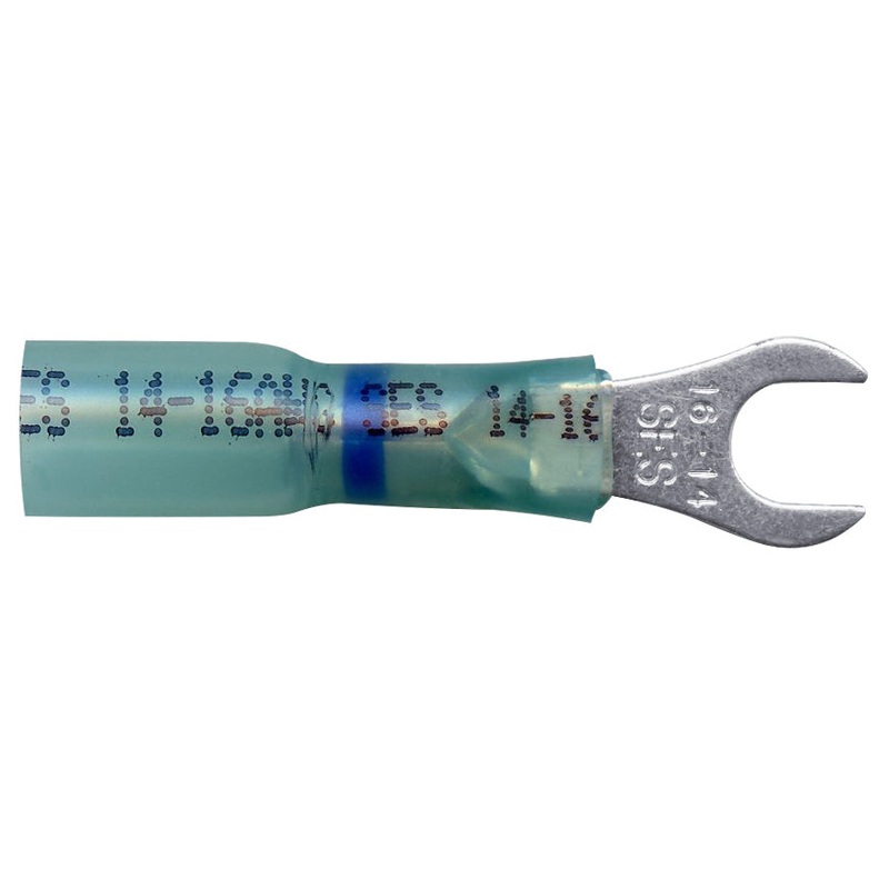 Heat Shrink & Crimp Blue Long Neck Spade Terminal 16-14 Gauge #10 Stud – 10 or 100 Pack