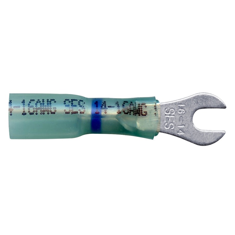 Heat Shrink & Crimp Blue Long Neck Spade Terminal 16-14 Gauge #6 Stud – 10 or 100 Pack