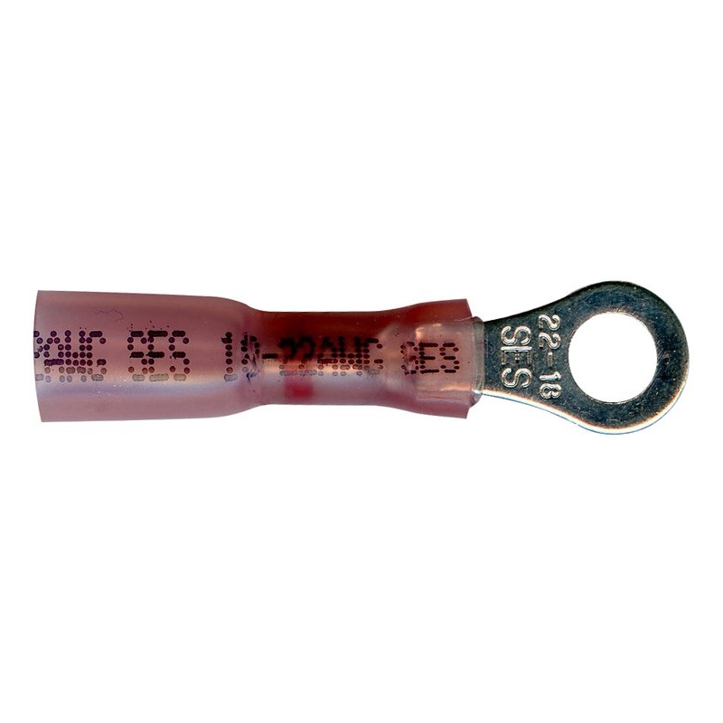 Heat Shrink & Crimp Red Long Neck Ring Terminal 22-18 Gauge #10 Stud – 10 or 100 Pack
