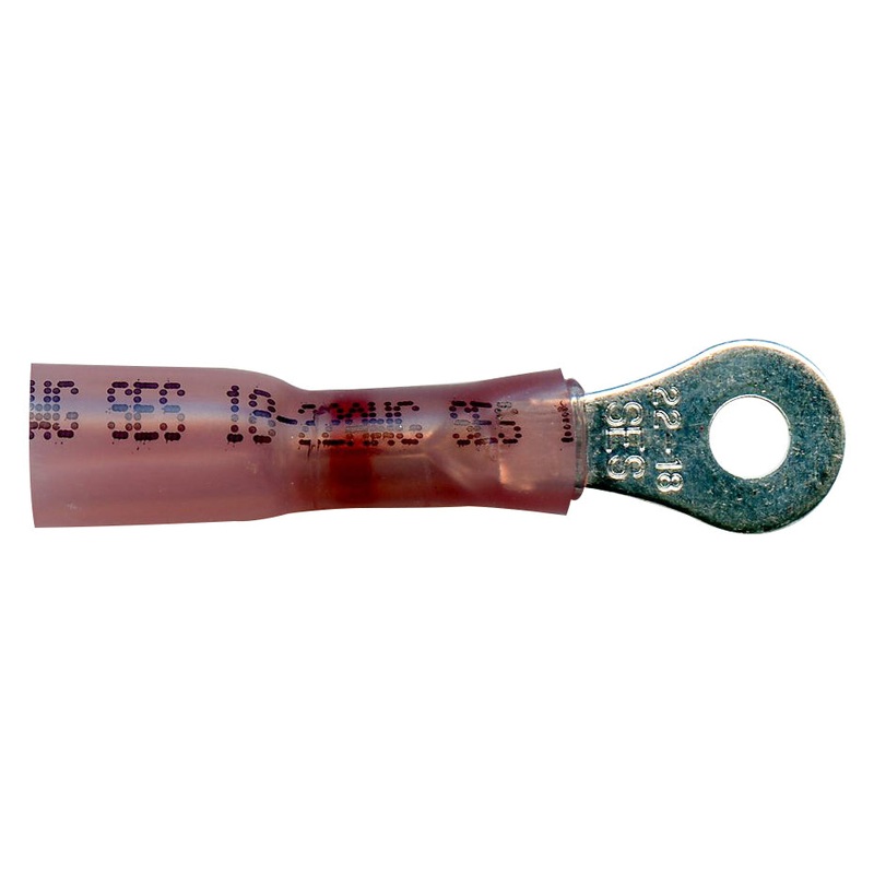 Heat Shrink & Crimp Red Long Neck Ring Terminal 22-18 Gauge #6 Stud – 10 or 100 Pack