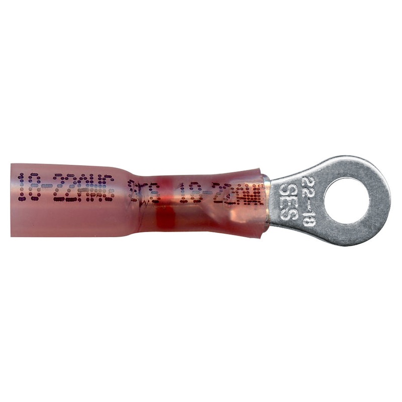 Heat Shrink & Crimp Red Long Neck Ring Terminal 22-18 Gauge #8 Stud – 10 or 100 Pack