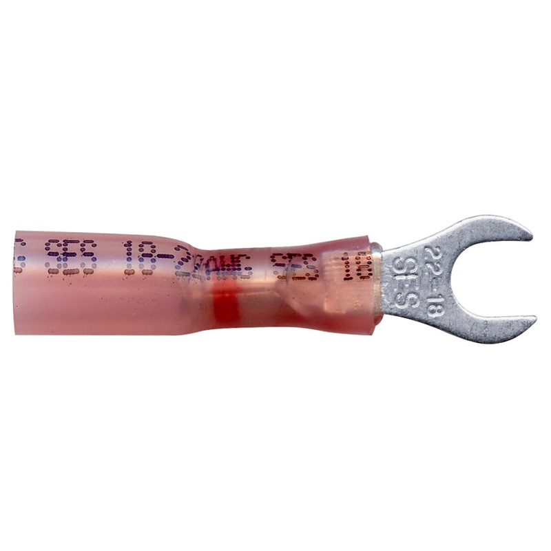 Heat Shrink & Crimp Red Long Neck Spade Terminal 22-18 Gauge #10 Stud – 10 or 100 Pack