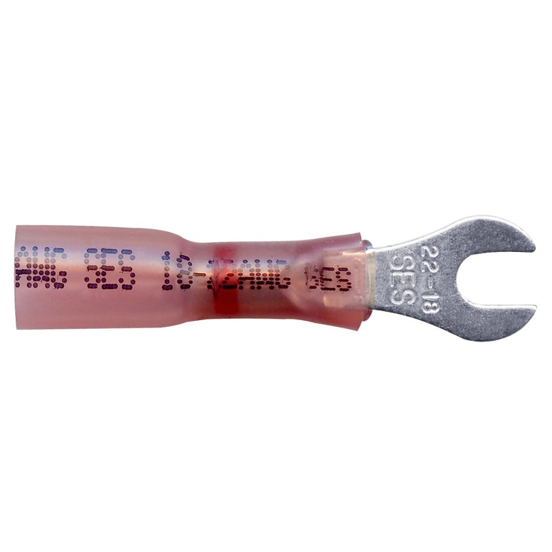 Heat Shrink & Crimp Red Long Neck Spade Terminal 22-18 Gauge #6 Stud – 10 or 100 Pack