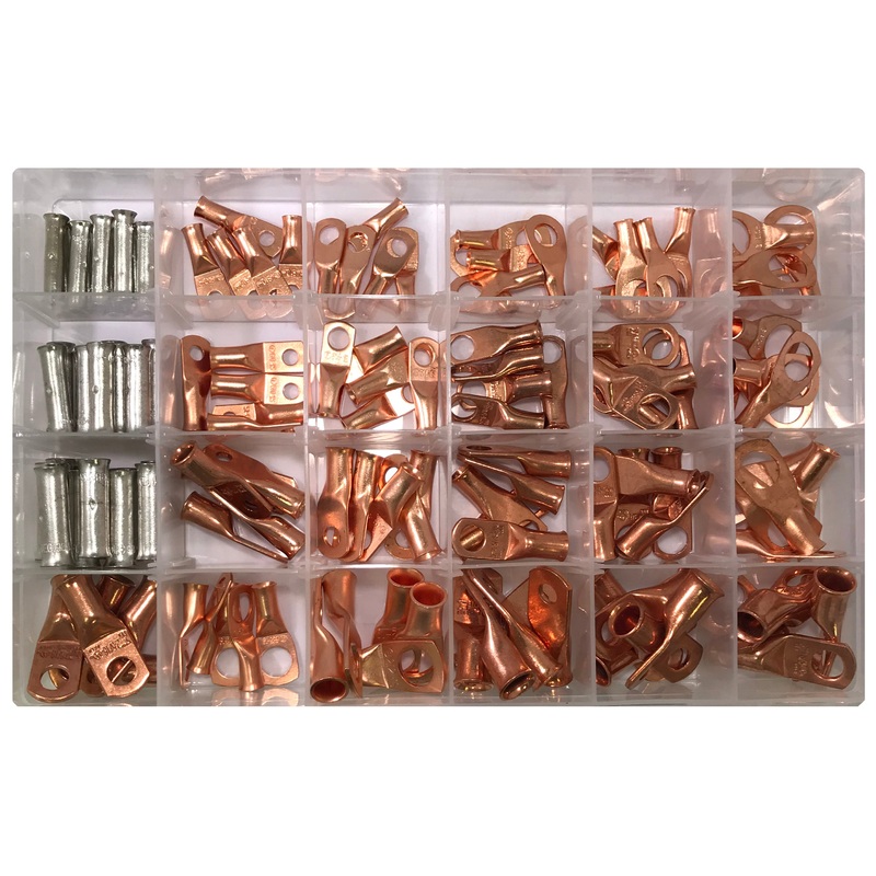 135 Piece Bare Copper Lug Battery Terminal End and Butt Splice Connector Assortment Kit – 8 to 1 AWG