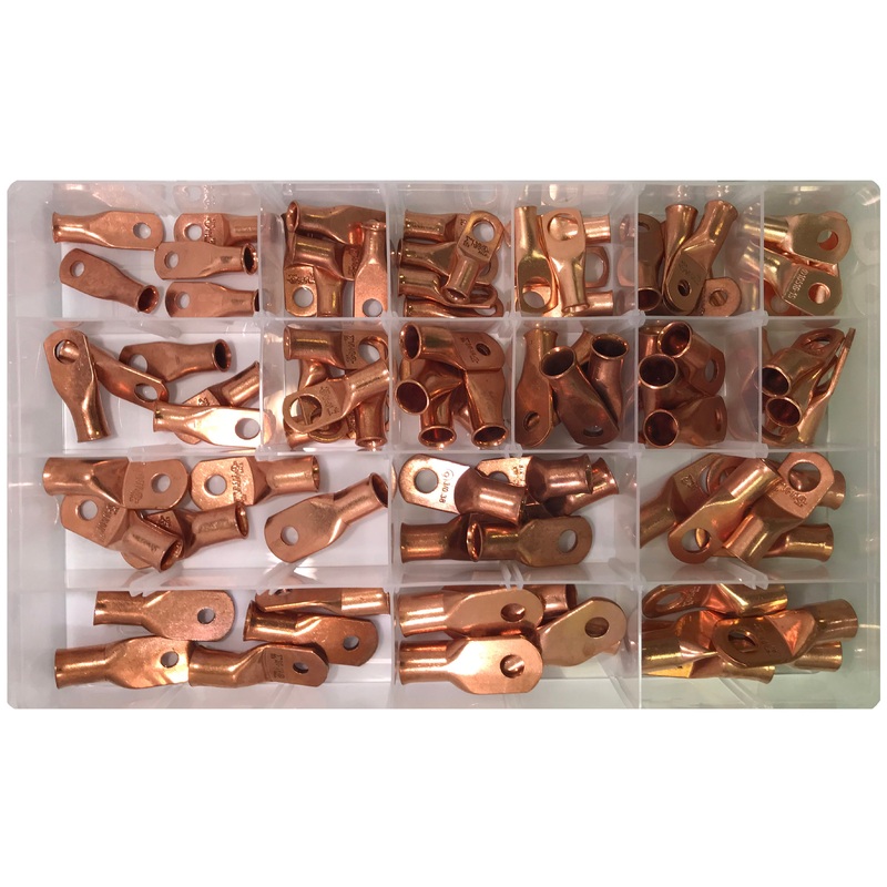 90 Piece Copper Lug Battery Terminal End Assortment – 1 to 4/0 AWG – Made in USA