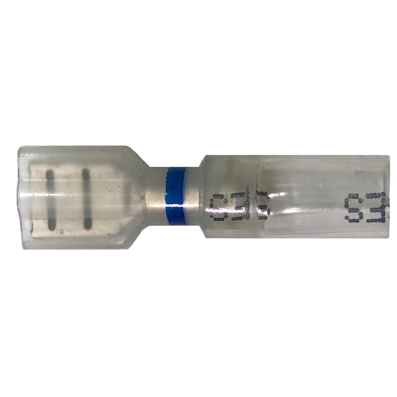 16-14 AWG Blue Female Quick Disconnect – .250 Tab Clear Heat Shrink Terminals – 10 to 500 Pack – Made in USA