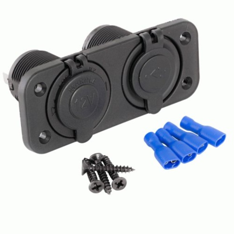 Marine Waterproof Double Socket 12V Power & Dual USB Mount