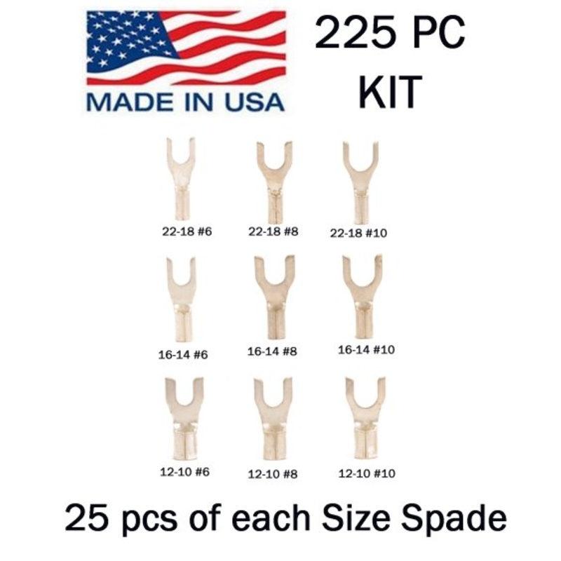 Non-Insulated Spade Terminal Assortment – 22-10 AWG – 225 Piece Kit – Made in USA