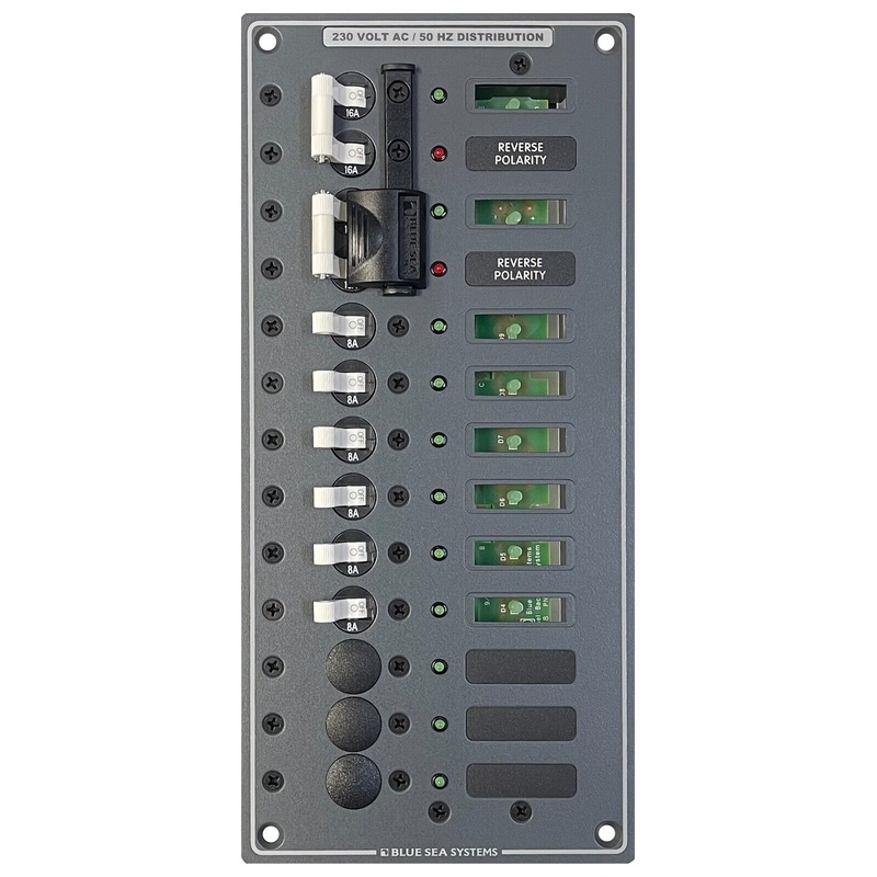 Blue Sea Boat Power Distribution Panel 8566 | 230V AC 2 Sources Selector + 9 POS