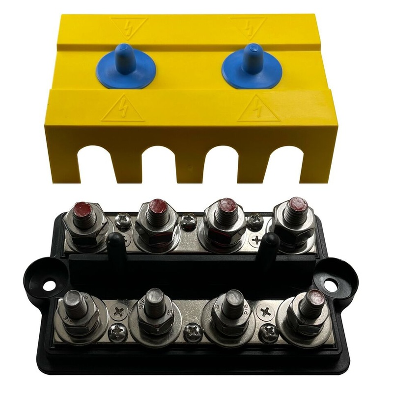 Dual 4 Point Black Power Distribution Block Terminal Busbar & Yellow Cover – Made in the USA