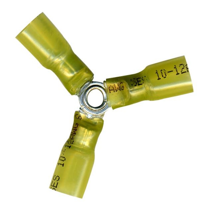 12-10 AWG Yellow 3-Way Wire Terminal Connector – Heat Shrink & Crimp – 10 or 100 Pack – Made in USA