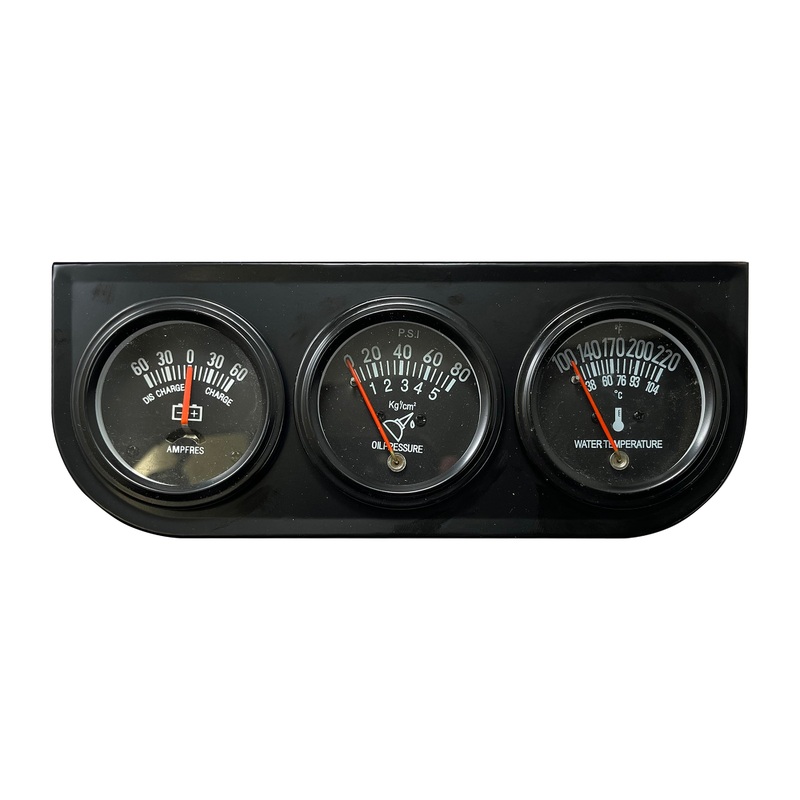 Black 2 Triple Gauge Set – Oil Pressure, Water Temp, Ammeter with Panel & Light Kit