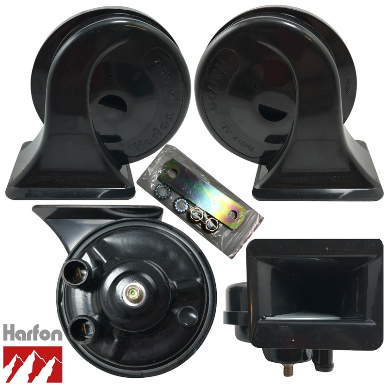 Harfon Universal Loud 12V Black Snail Electric Air Horn Set Kit High 510 Hz Low 410 Hz 115 Db