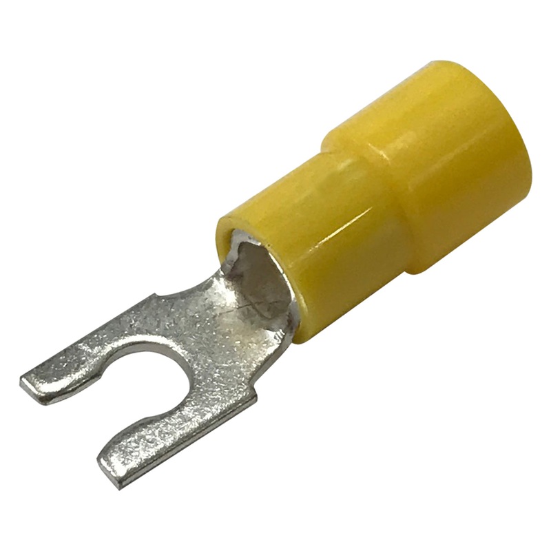 Vinyl Insulated Yellow Spring Spade Terminal 12-10 Gauge #8 Stud Connector – 100 Pack