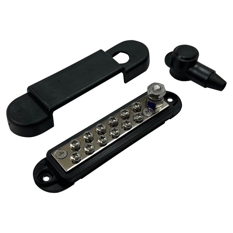 12 Point Power Distribution Block Terminal Busbar with Black Cover & Insulator Boot – 1/4 Post