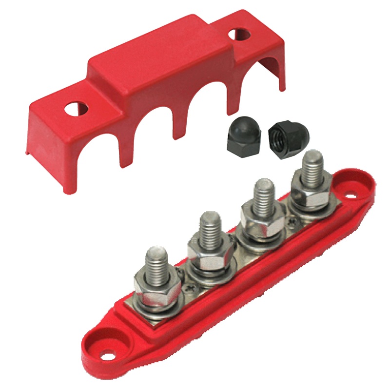 Large 4 Point 3/8 Terminal Busbar 250 Amps @ 12 VDC with Cover – Red