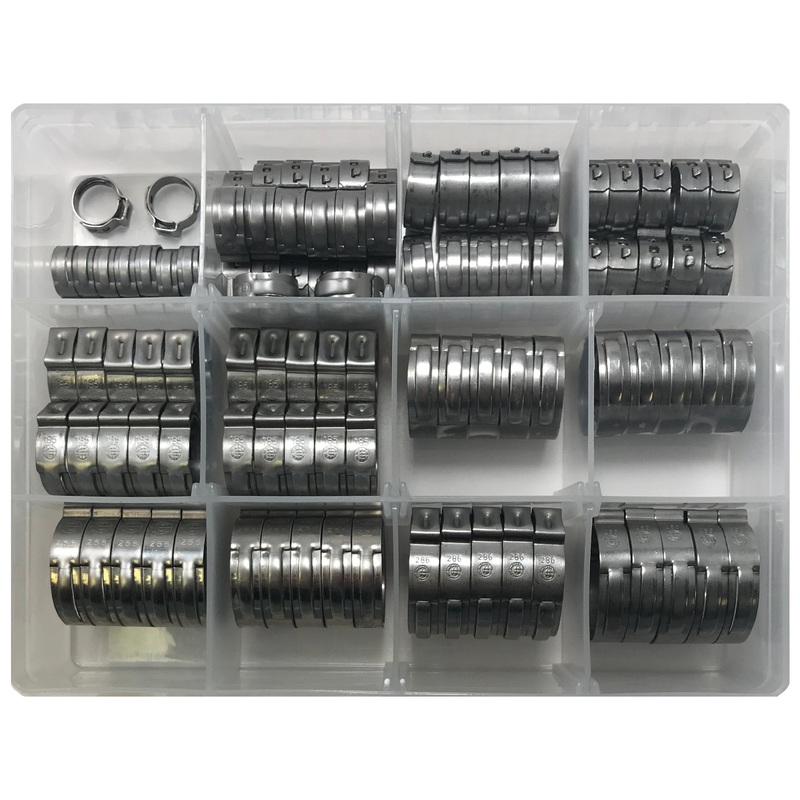 100 Piece Single Ear Pinch Type Crimp Hose Clamp 7/16 to 1 1/8 Assortment Kit