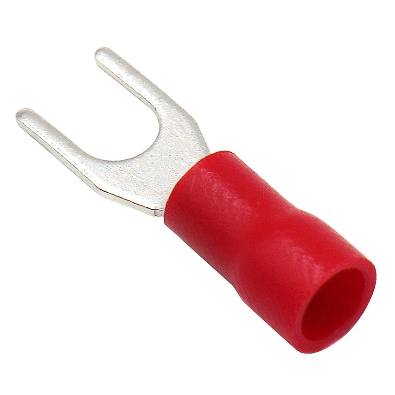 Vinyl Insulated Red Spade Terminal 8 Gauge 1/4 Stud – 100 Pack