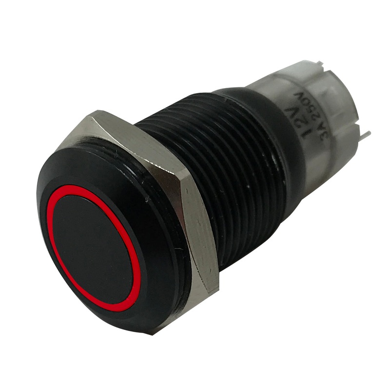 LED Latching Push Button Switch – 12V Black Metal – On/Off – 16mm Mount – 1 or 5 Pack