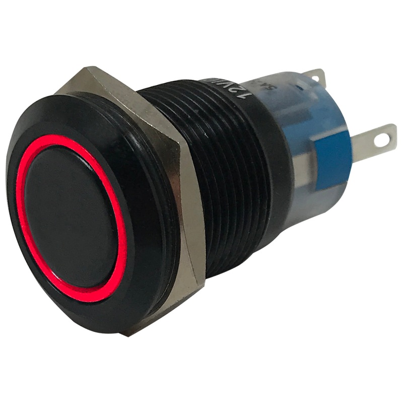 LED Latching Push Button Switch – 12V Black Metal – On/Off – 19mm Mount