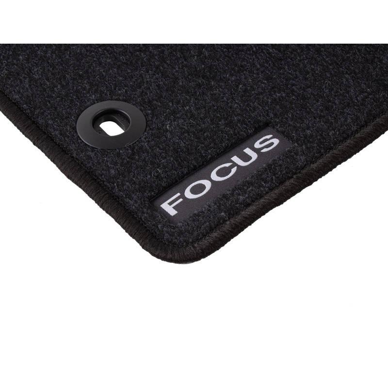 FOCUS FRONT & REAR CARPET CAR FLOOR MATS, BLACK WITH LOGO AND FITTING HOLES, 2004-2011